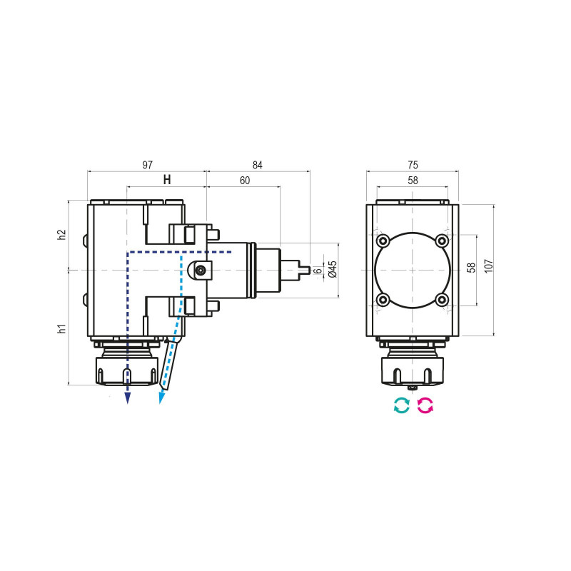 Інструмент BMT45 з прямим кутовим приводом, внутрішній потік охолоджувальної рідини ER25 (80 бар), співвідношення 1:1, H85 (Gerardi)