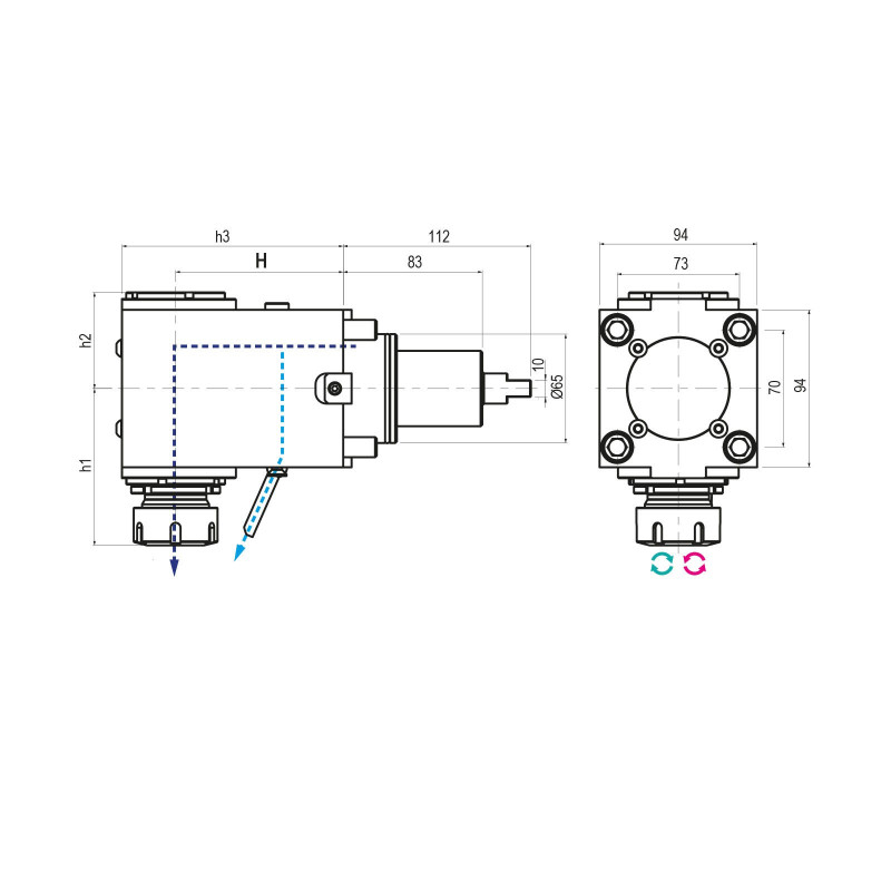 BMT65 Right Angle Driven Tool ER32 External Coolant, 1 to 1 Ratio, H100 (Gerardi)