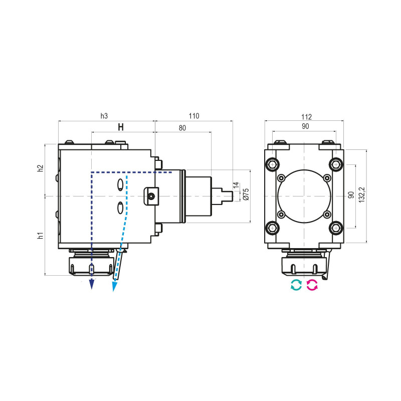 BMT75 Right Angle Driven Tool ER40 External Coolant, 1 to 1 Ratio, H90 (Gerardi)