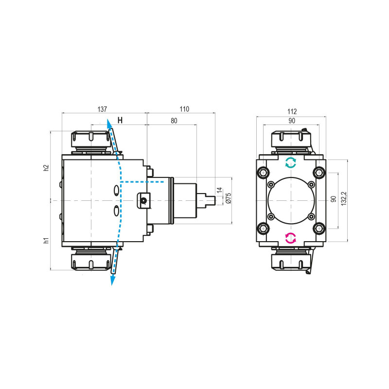 BMT75 Right Angle Double Output Driven Tool ER40 External Coolant, 1 to 1 Ratio, H100 (Gerardi)