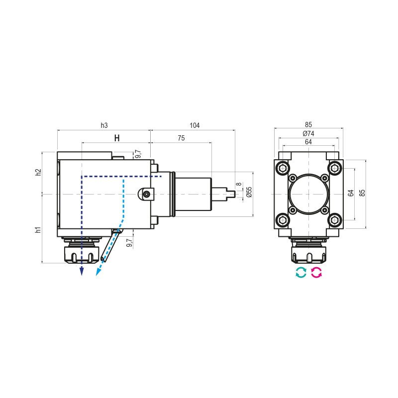 BMT55 Right Angle Driven Tool ER16 Internal Coolant, 1 to 2 Ratio (Gerardi)
