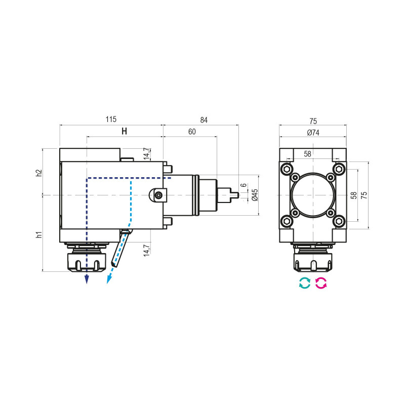 BMT45 Right Angle Driven Tool ER32 External Coolant, 1 to 1 Ratio, H65 (Gerardi)
