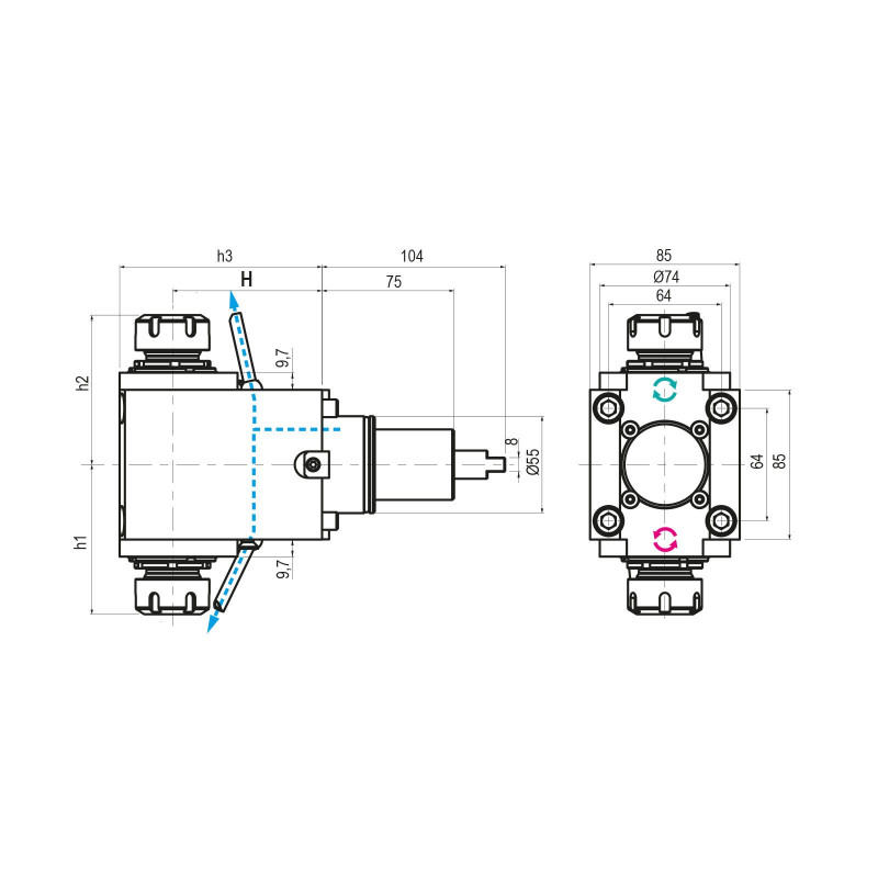 BMT55 Right Angle Double Output Driven Tool ER25 External Coolant, 1 to 1 Ratio, H60 (Gerardi)