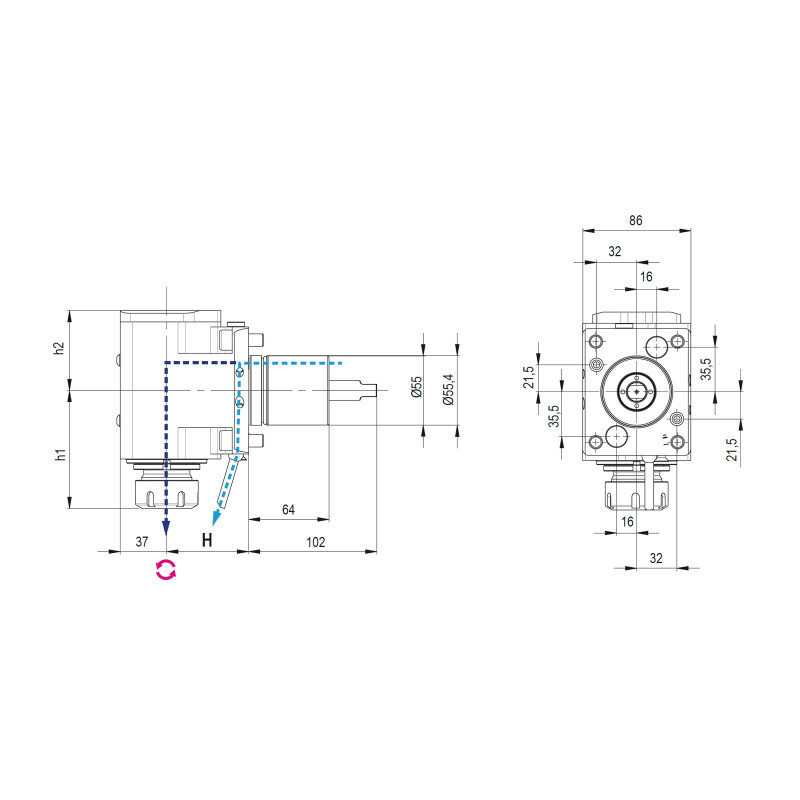Okuma BMT55 Right Angle Driven Tool ER20 Internal (70 bar) Coolant, 1 to 1 Ratio, H65 (Gerardi)