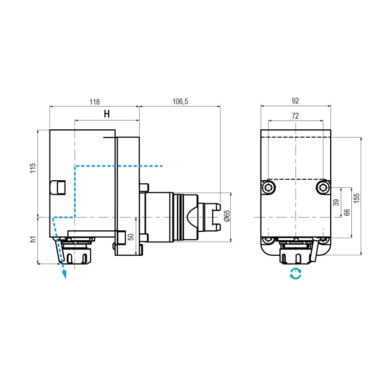 Spinner BMT65 Rear Offset Driven Tool ER32 External Coolant, 1 to 1 Ratio, H85 (Gerardi)