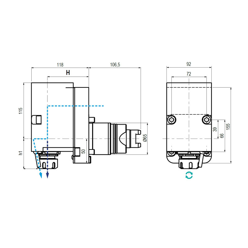 Spinner BMT65 Rear Offset Driven Tool ER25 Internal (100 bar) Coolant, 1 to 1 Ratio, H85 (Gerardi)