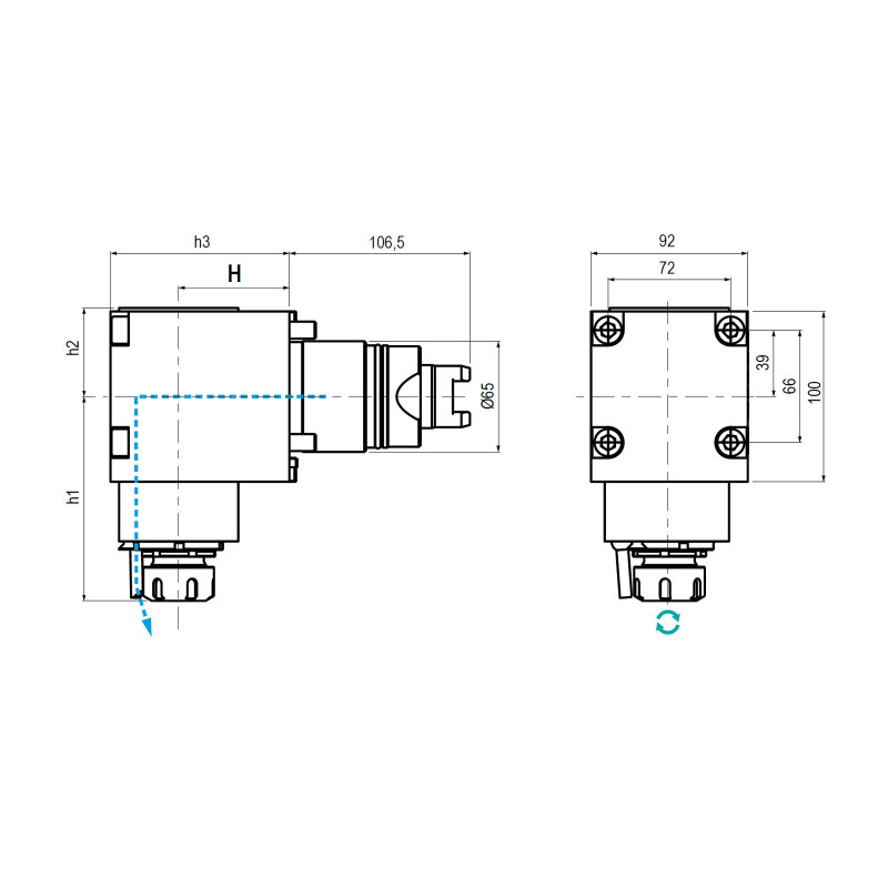 Spinner BMT65 Right Angle Driven Tool ER32 External Coolant, 1 to 1 Ratio, H85 (Gerardi)