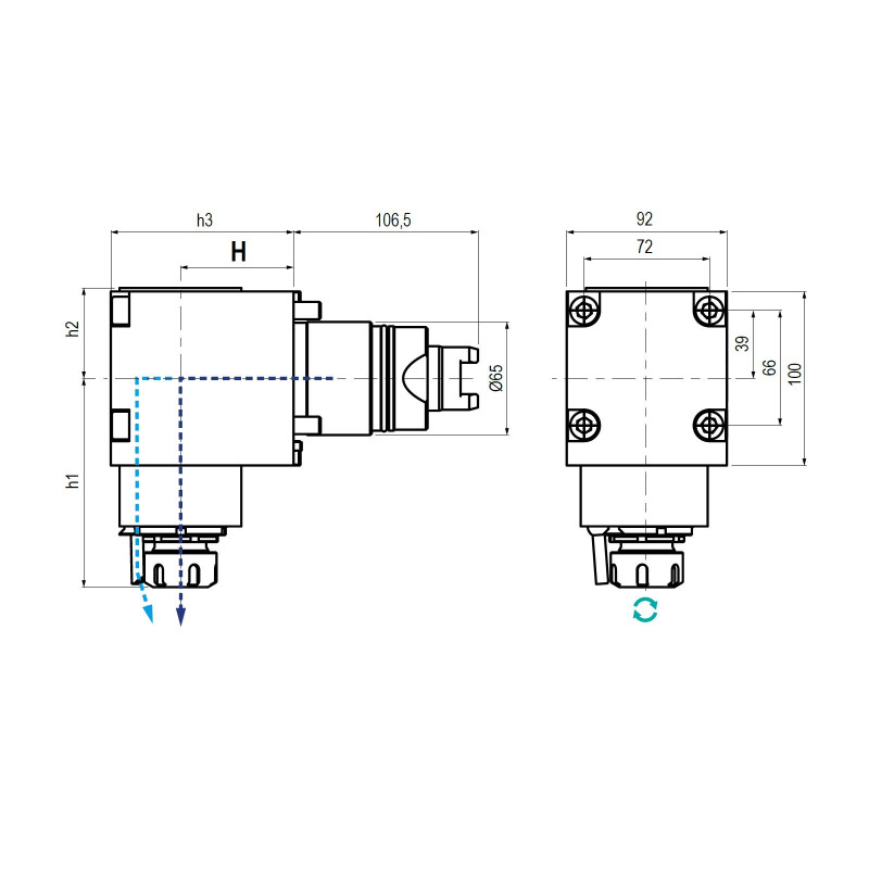 Spinner BMT65 Right Angle Driven Tool ER32 Internal (100 bar) Coolant, 1 to 1 Ratio, H65 (Gerardi)