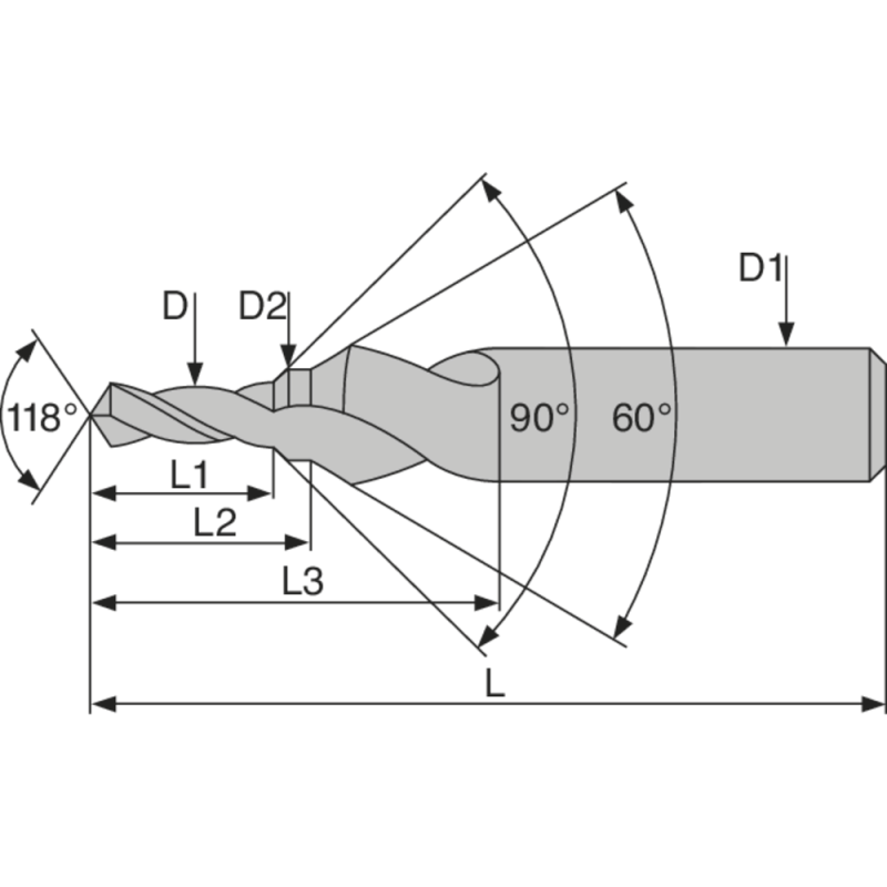 Step centering drill HSSE DIN332-2 60°/90° form D M10 - 8.5x10.5x16mm