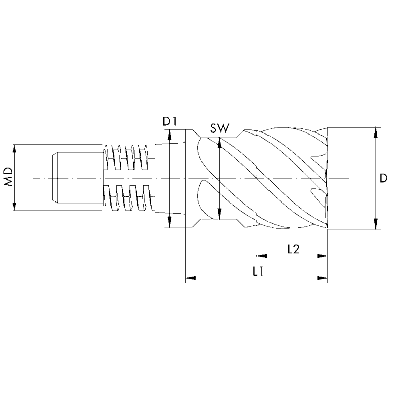 Solid carbide exchangeable head 45° size 30 Ø12 6S.TiAlN