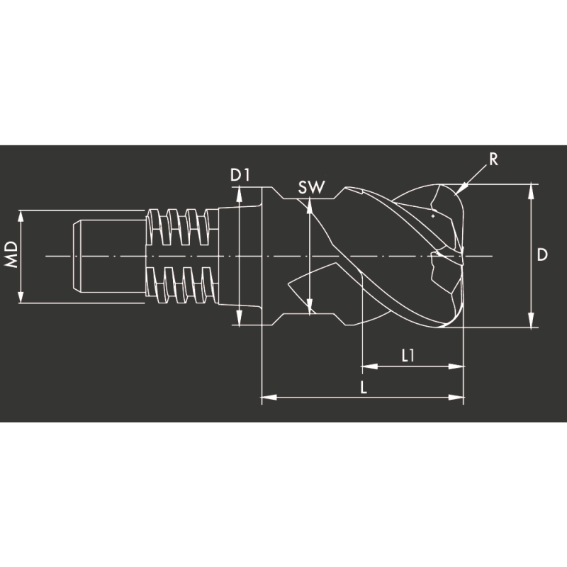 Solid carbide exchangeable head, torus, size 40 Ø16x1.0 4S. AlTiN+