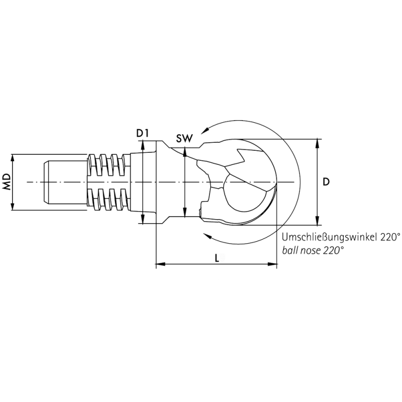 Solid carbide exchangeable head 15° full radius 4Z size 50 Ø20 AlTiN