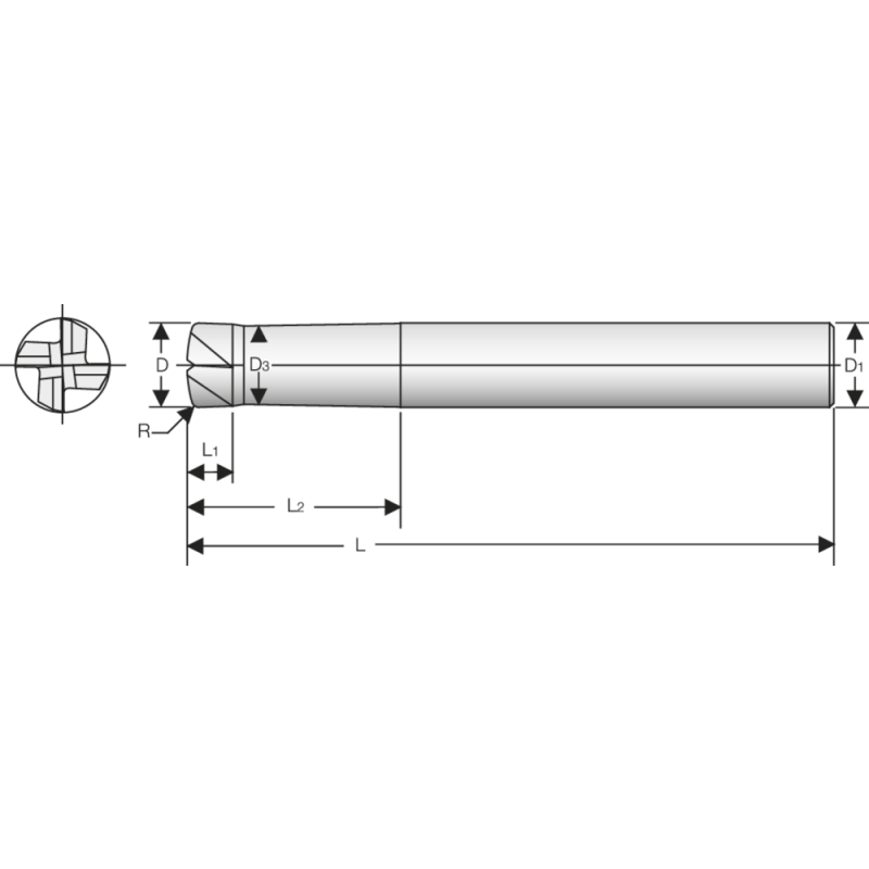 SC high feed-rate milling cutter 3° 6mm, L2=12mm, Z=4 R=0.6mm RockTec-65