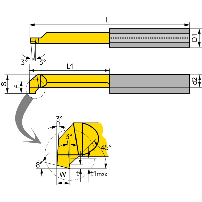 Cutting insert R070.5-15 internal groove. & chamfering 5mm L1=15 Dmin=5.0mm CN45F