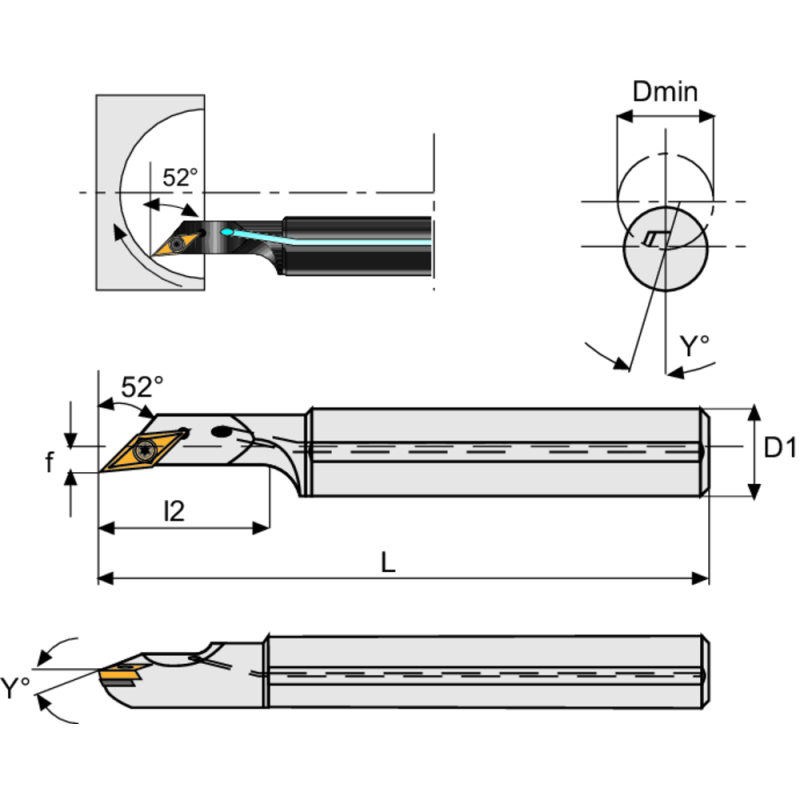 Boring bar A10K SVJC-R-07 setting angle 52°, for VC.T 0702..