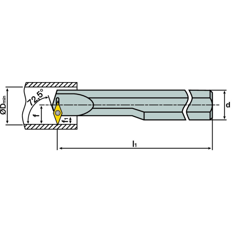 Miniature boring bar E0408 SVVC-L 05 AX; setting angle 72.5°, for VC.T 0501..