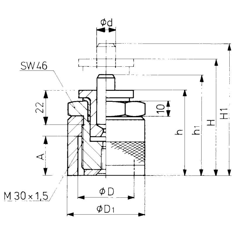 Height-adjustable threaded pedestal 55-75mm (load capacity 30kN)