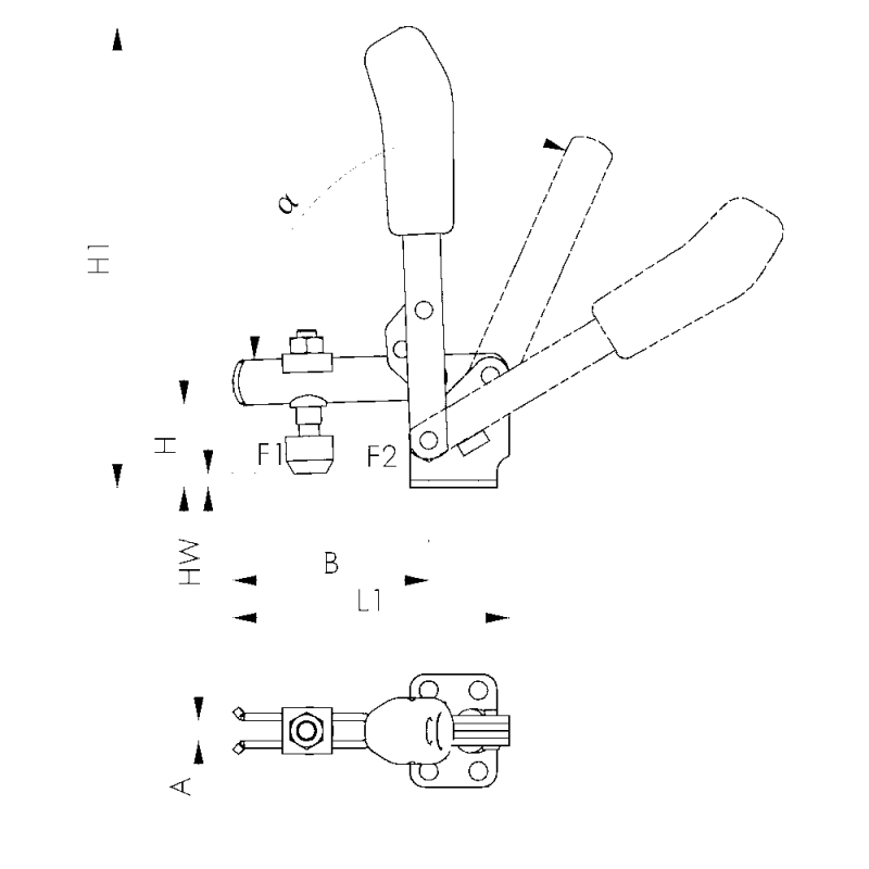 Вертикальний затискач, модель 0 з відкритим опорним важелем та горизонтальною основою
