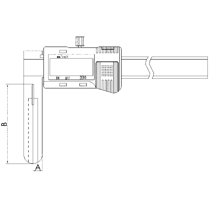 Digital sliding calliper 10-200mm with long, slender measuring jaws