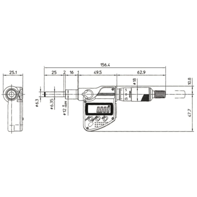 Micrometer head, digital 0-25mm (0.001mm) IP65 flat, carbide-tipped, 12mm