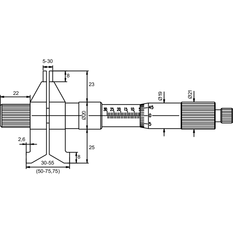 Inside micrometer 5-55mm (0.01mm) with double jaws