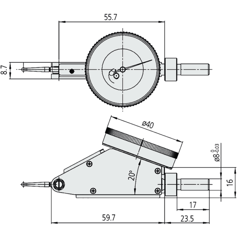 Lever dial indicator 1.6 mm (0.01 mm) scale 0-40-0, external ring 39 mm inclined