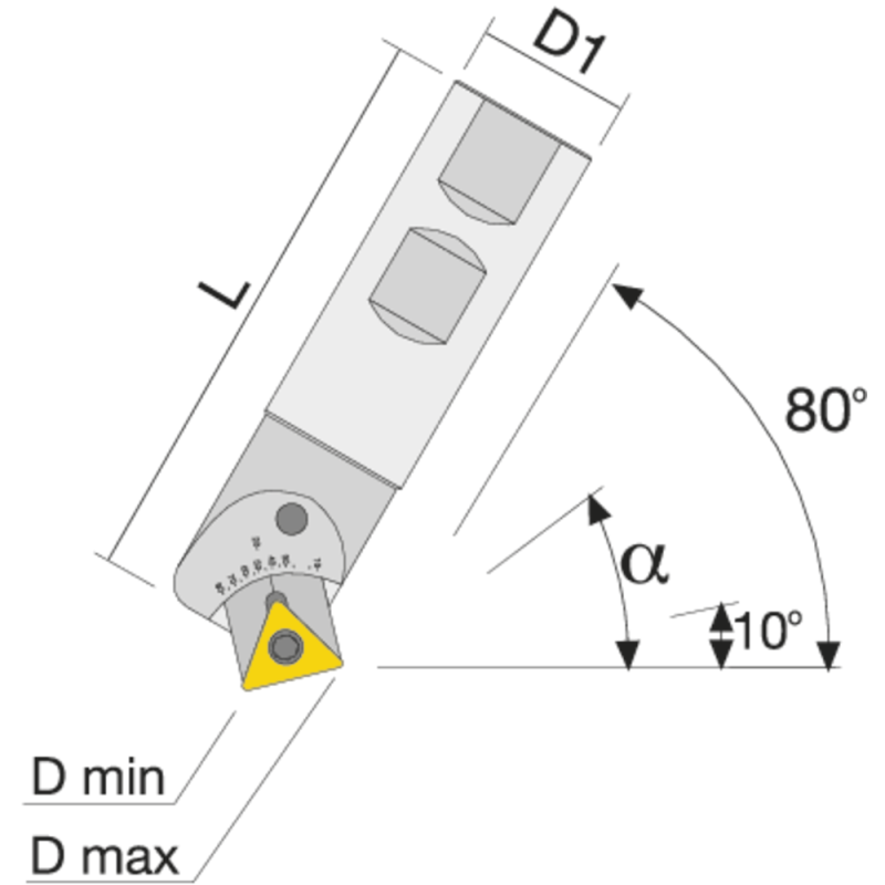 Index. insert milling counterb. 10-80°, shank-20mm for 1 index. insert TC.. 1102