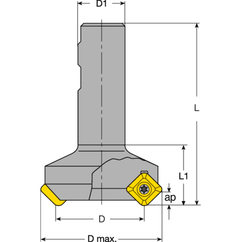 End milling cutter 45° 25x100mm, shank 25mm, for 2 indexable inserts SE..1204