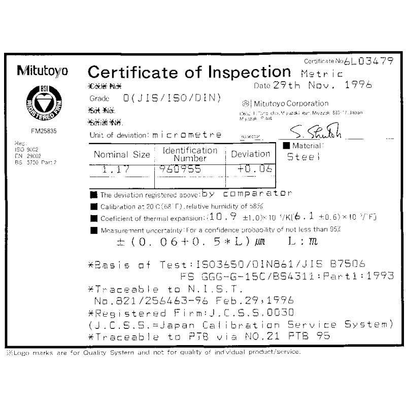 Gauge block DIN EN ISO 3650 accuracy 0 0.50mm steel